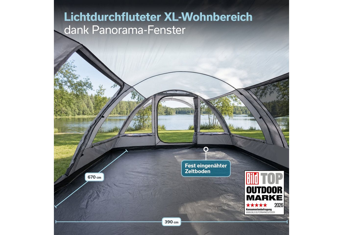 Skandika Tunnelzelt Falkenberg Sleeper Protect, Großes Familienzelt für 6 Personen, Personen: 6 (wasserdicht, 2m Stehhöhe, 670 x 390 x 200 cm, UV-Schutz: UPF 50), eingenähter Zeltboden, schwarze Schlafkabine, 3.000 mm Wassersäule Bild 4