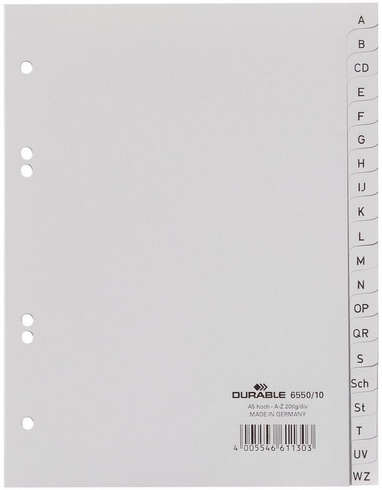 DURABLE Aktenordner Durable 6550 10 Register - A - Z, grau, A5, 20 Blatt