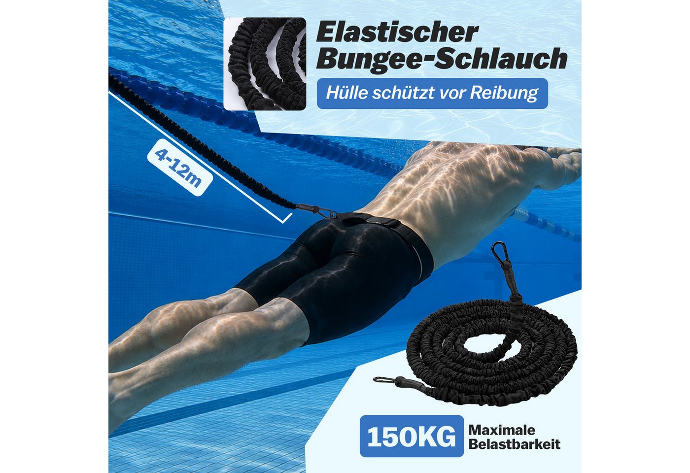 JOYOLEDER Schwimmgürtel Schwimmgurt für Pool, 4-12M Einstellbare Schwimmwiderstand Gürtel, (Schwimmtrainer Gürtel, Schwimmhilfe für Jedes Schwimmbad)