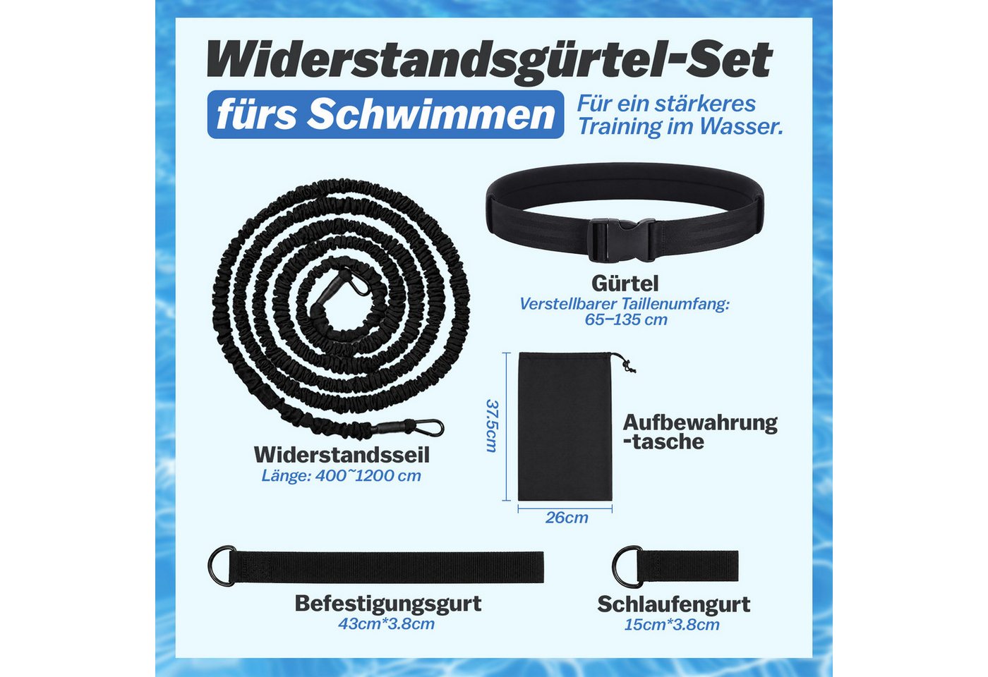 JOYOLEDER Schwimmgürtel Schwimmgurt für Pool, 4-12M Einstellbare Schwimmwiderstand Gürtel, (Schwimmtrainer Gürtel, Schwimmhilfe für Jedes Schwimmbad) Bild 2