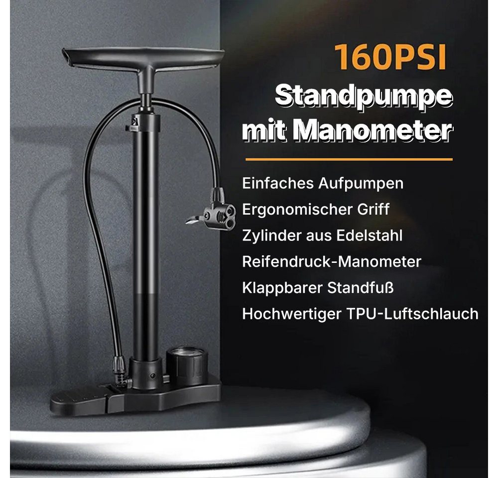 Fyrove Fahrradpumpe Stand-Fahrradpumpe alle Ventile AV, SV, DV, luftpumpe mit Manometer (Fahrrad Luftpumpe Inklusive Großem Manometer, Adaptern & Behälter, Pumpe für Motorrad, E Bike, Auto & Sportartikel) Bild 2