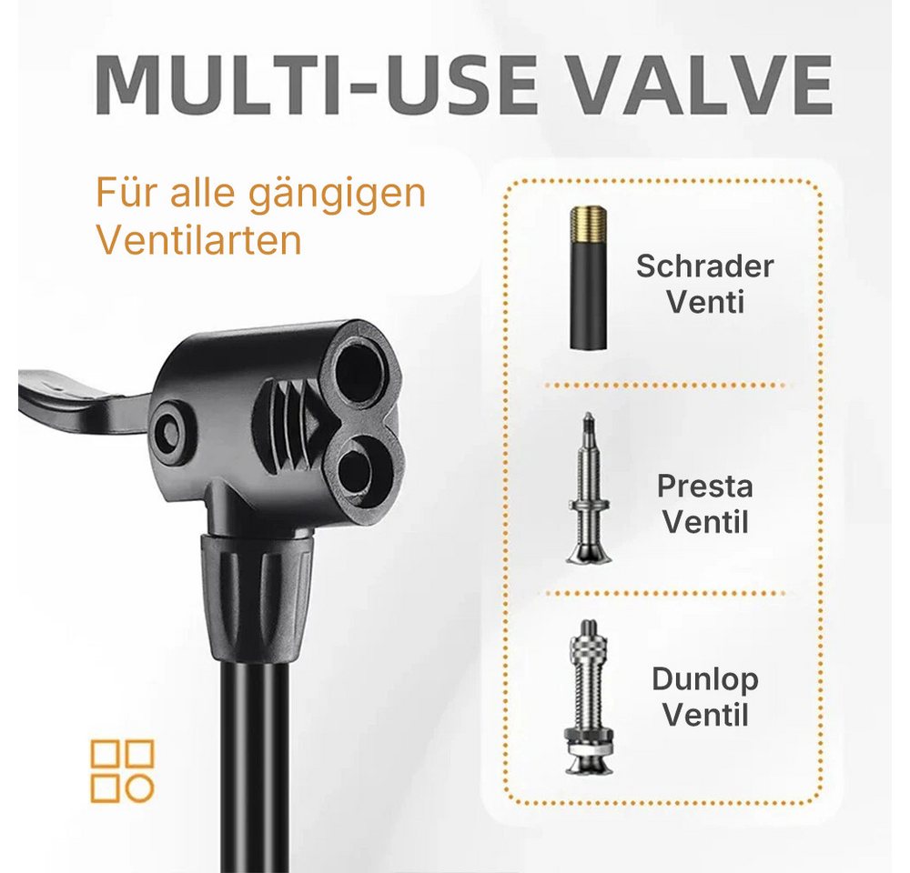 Fyrove Fahrradpumpe Stand-Fahrradpumpe alle Ventile AV, SV, DV, luftpumpe mit Manometer (Fahrrad Luftpumpe Inklusive Großem Manometer, Adaptern & Behälter, Pumpe für Motorrad, E Bike, Auto & Sportartikel) Bild 3