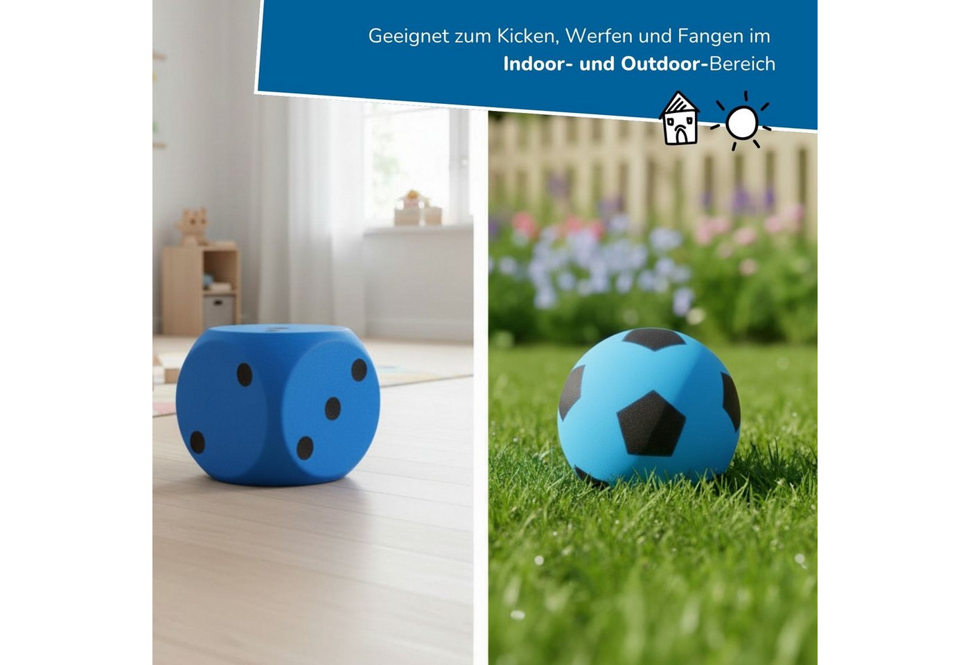 alldoro Spielball 2 in 1 Set - Schaumstoffball & Schaumstoffwürfel blau für Kinder ab 3, extra weich & leise, für drinnen & draußen zum Spielen & Lernen
