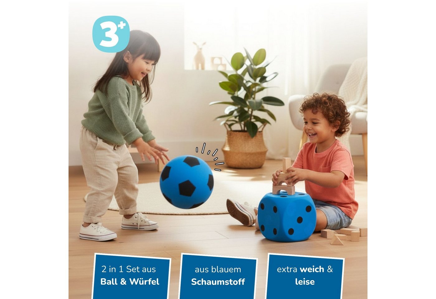 alldoro Spielball 2 in 1 Set - Schaumstoffball & Schaumstoffwürfel blau für Kinder ab 3, extra weich & leise, für drinnen & draußen zum Spielen & Lernen Bild 3