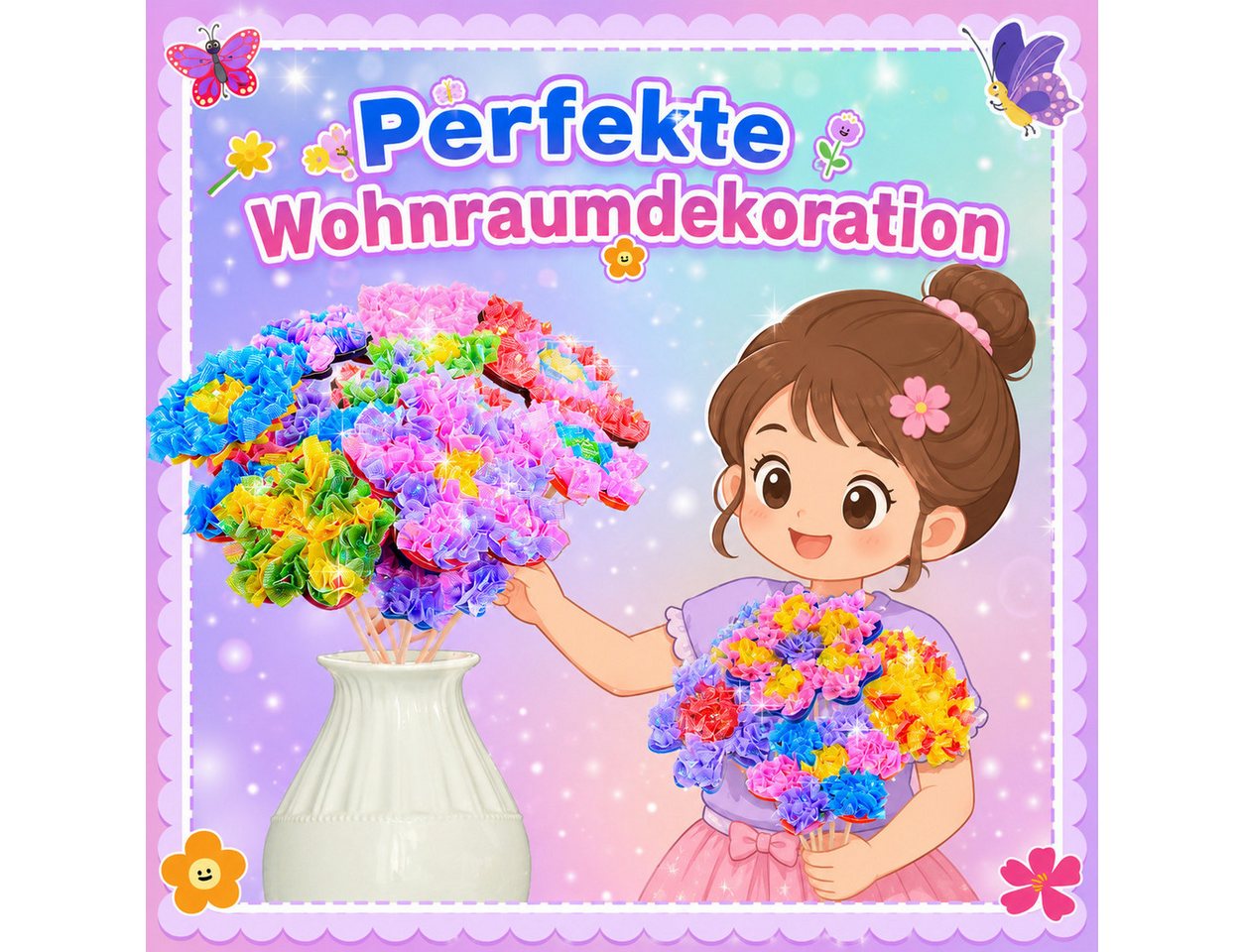 Wootoy Kreativset DIY Poke-In Bastelset für Mädchen Steckspiel Lernspielzeug ab 4, (mit Stoffquadrate Blumenformen Holzstiele Einsteckstäbe, 1-tlg., Umfangreiches DIY-Bastelset zur Gestaltung individueller Blumensträuße), Ideal für gemeinsames Basteln mit Familie und Freunden