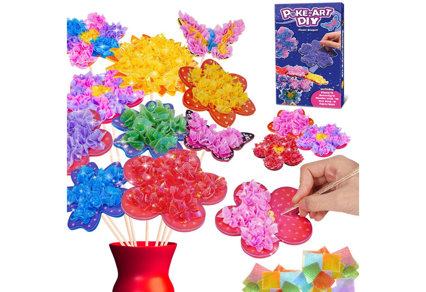Wootoy Kreativset DIY Poke-In Bastelset für Mädchen Steckspiel Lernspielzeug ab 4, (mit Stoffquadrate Blumenformen Holzstiele Einsteckstäbe, 1-tlg., Umfangreiches DIY-Bastelset zur Gestaltung individueller Blumensträuße), Ideal für gemeinsames Basteln mit Familie und Freunden Bild 2
