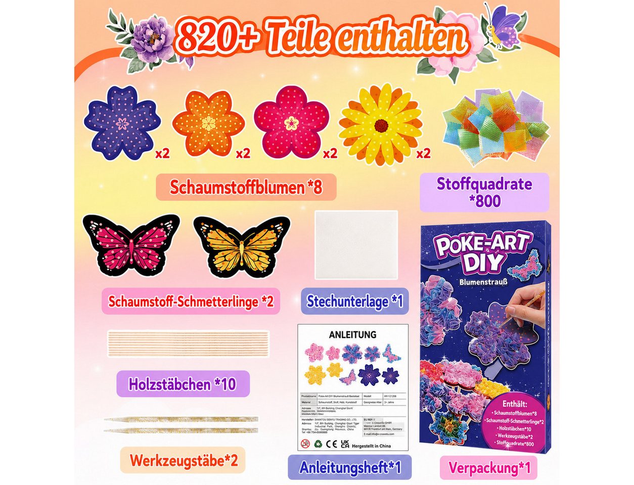 Wootoy Kreativset DIY Poke-In Bastelset für Mädchen Steckspiel Lernspielzeug ab 4, (mit Stoffquadrate Blumenformen Holzstiele Einsteckstäbe, 1-tlg., Umfangreiches DIY-Bastelset zur Gestaltung individueller Blumensträuße), Ideal für gemeinsames Basteln mit Familie und Freunden Bild 3