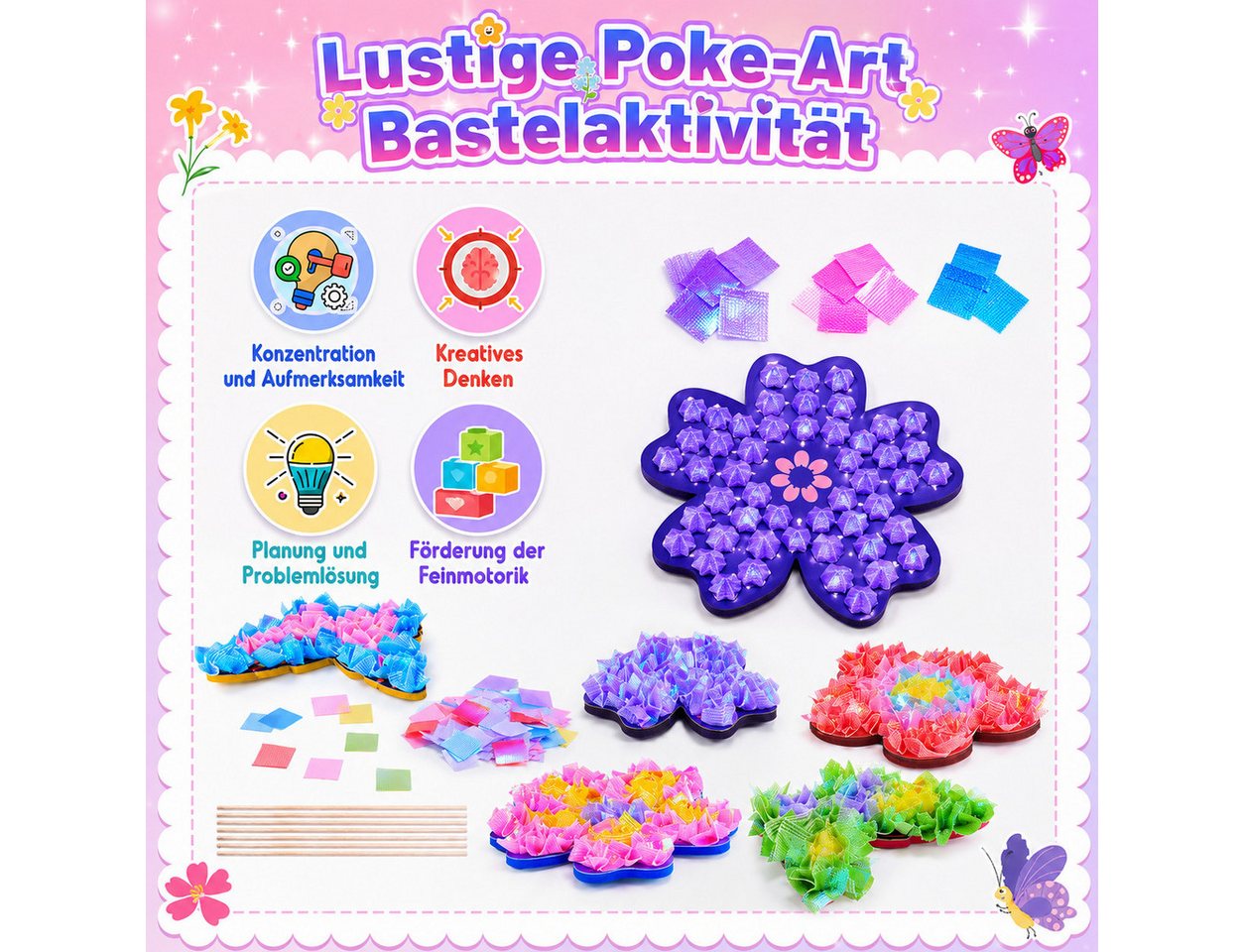 Wootoy Kreativset DIY Poke-In Bastelset für Mädchen Steckspiel Lernspielzeug ab 4, (mit Stoffquadrate Blumenformen Holzstiele Einsteckstäbe, 1-tlg., Umfangreiches DIY-Bastelset zur Gestaltung individueller Blumensträuße), Ideal für gemeinsames Basteln mit Familie und Freunden Bild 4