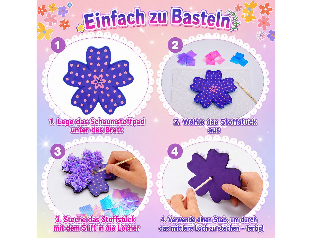 Wootoy Kreativset DIY Poke-In Bastelset für Mädchen Steckspiel Lernspielzeug ab 4, (mit Stoffquadrate Blumenformen Holzstiele Einsteckstäbe, 1-tlg., Umfangreiches DIY-Bastelset zur Gestaltung individueller Blumensträuße), Ideal für gemeinsames Basteln mit Familie und Freunden Bild 5