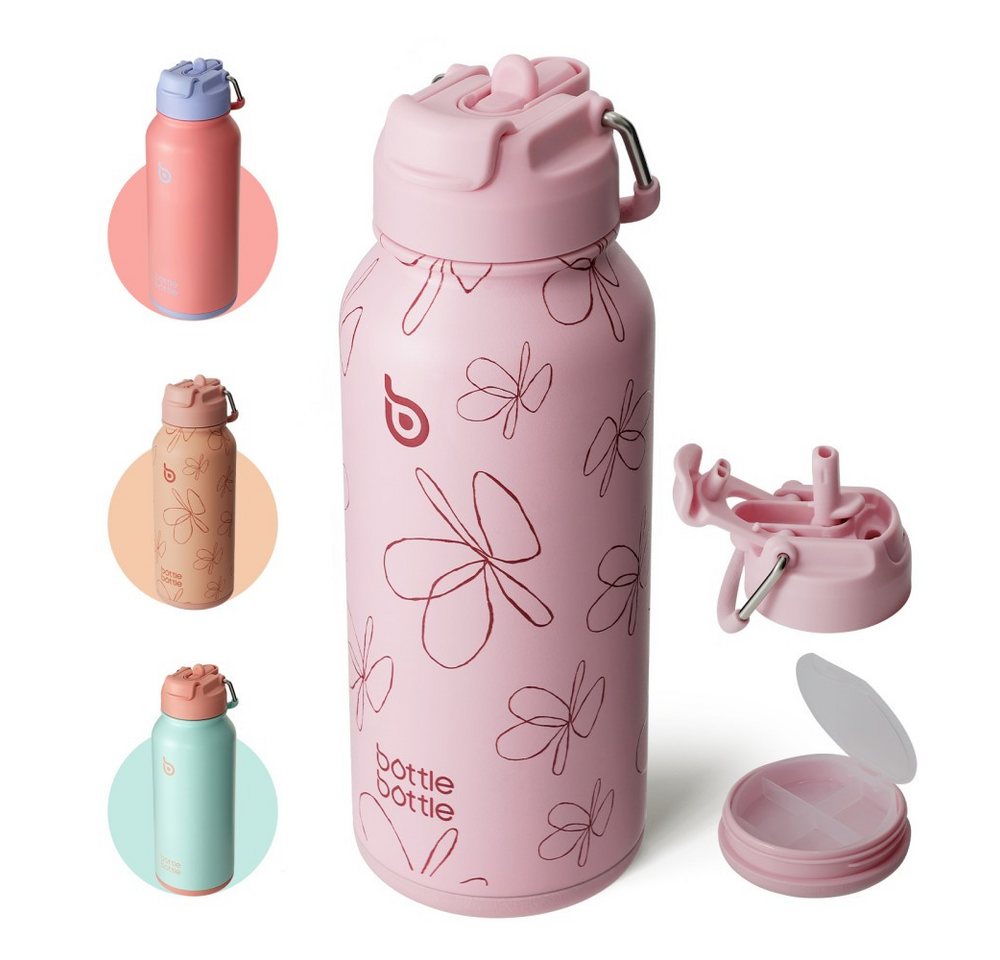 BOTTLE BOTTLE Trinkflasche Edelstahl Trinkflasche mit Strohhalm, auslaufsichere Isolierflasche, für Sport & Fitnessstudio, mit Pillenfach, doppelwandig Bild 5