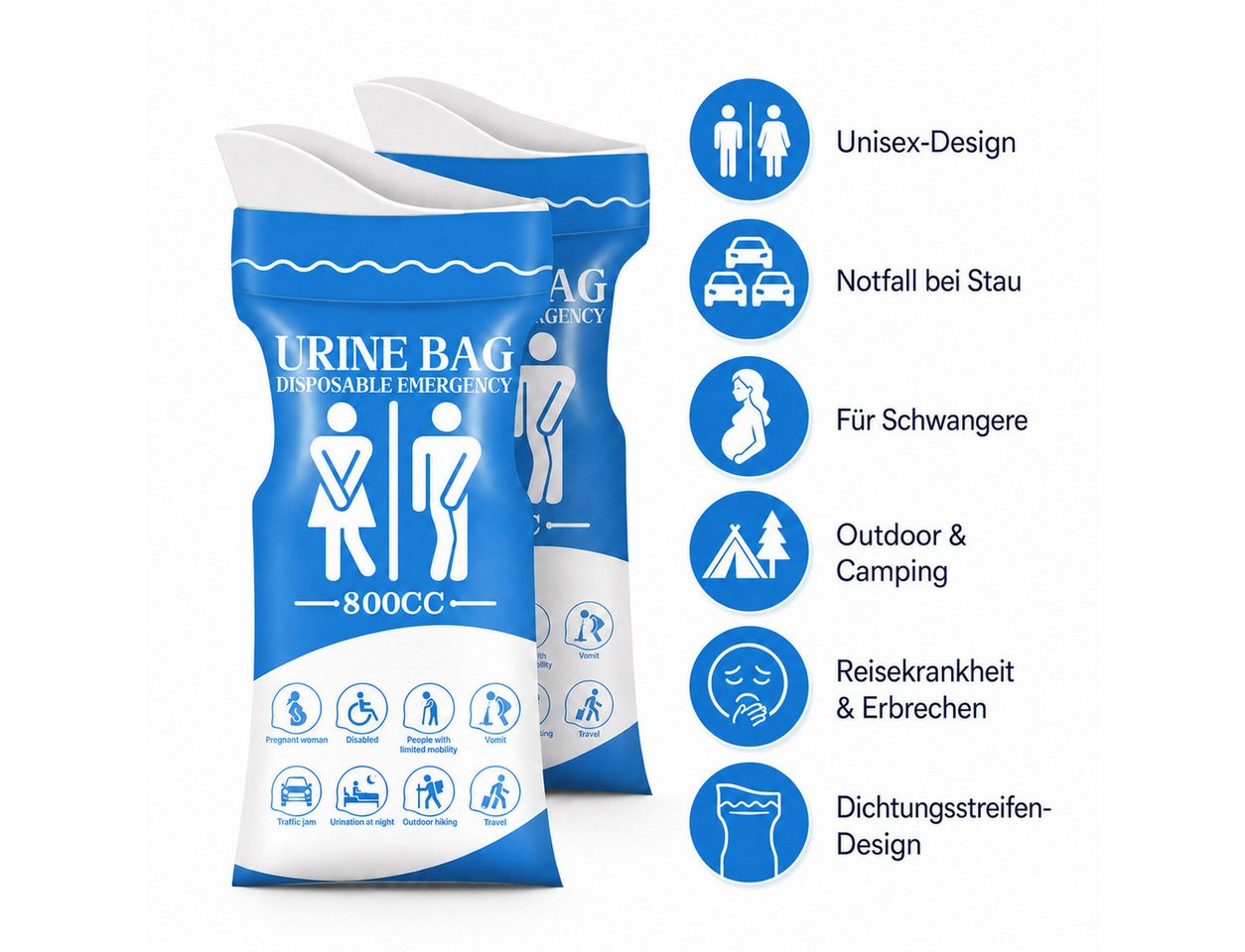 COOL-i ® Campingtoilette Notfall Urinbeutel 12er Set, 800 ml Einweg Urinbeutel, Unisex Reise WC für Auto, Camping & Outdoor