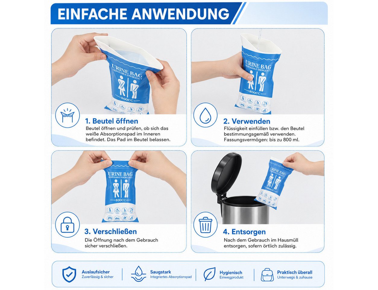 COOL-i ® Campingtoilette Notfall Urinbeutel 12er Set, 800 ml Einweg Urinbeutel, Unisex Reise WC für Auto, Camping & Outdoor Bild 4