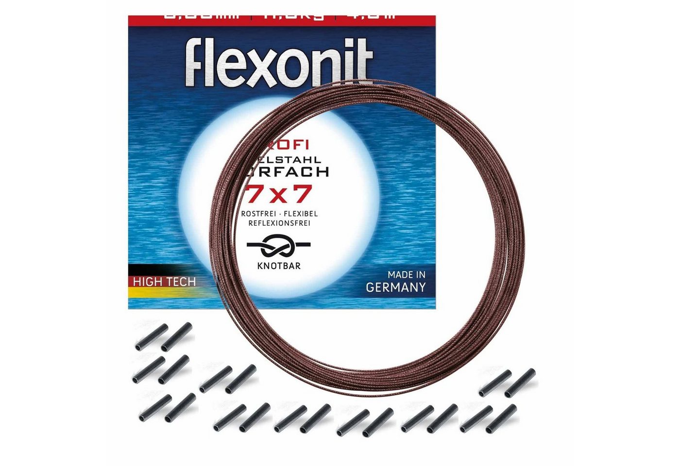 flexonit Feederrolle), Flexonit 7x7 Stahlvorfach 0,27mm + passende Quetschhülsen komplett Angelset