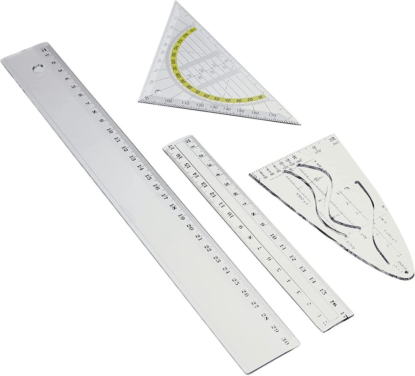 TSI Schreibwaren Geodreieck Geometrie-Set 4tlg. 2x Lineal,Parabel Geodreieck