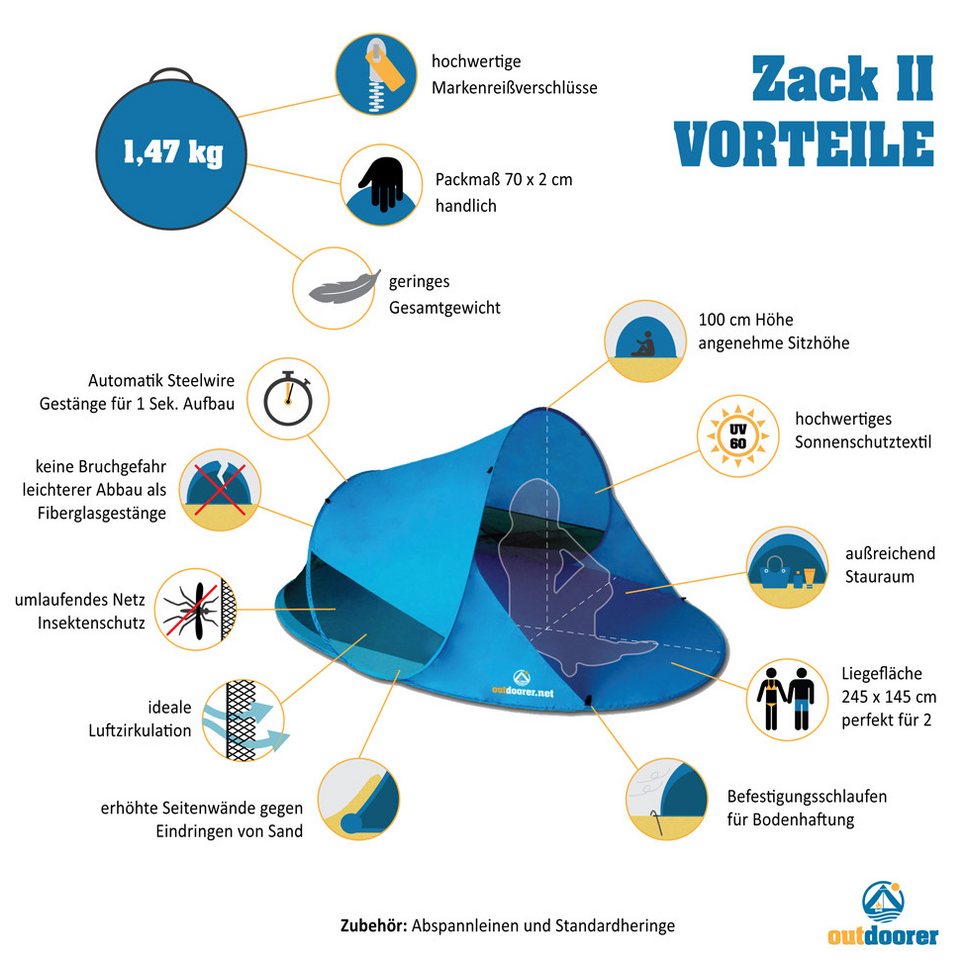 outdoorer Strandmuschel selbstaufbauend Zack II blau, UV 60, Pop-up, für 2 Personen