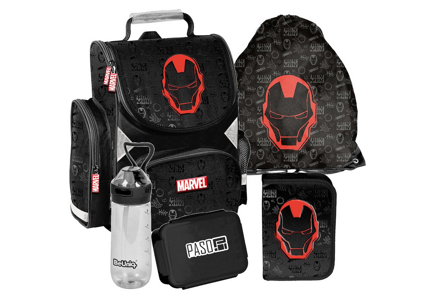 PASO Schulrucksack (Schulset, 5-tlg), Iron Man, 5-tlg. Set, Schwarz