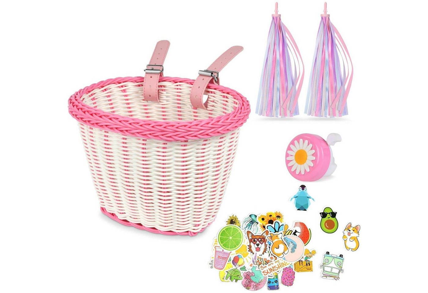LuxusKollektion Fahrradkorb Fahrradkorb Kinder vorne abnehmbar Rattan Klingel #10 Rosa und Weiß