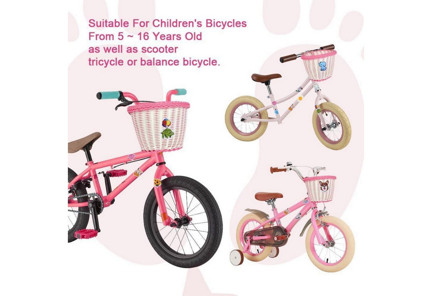 LuxusKollektion Fahrradkorb Fahrradkorb Kinder vorne abnehmbar Rattan Klingel #10 Rosa und Weiß Bild 2