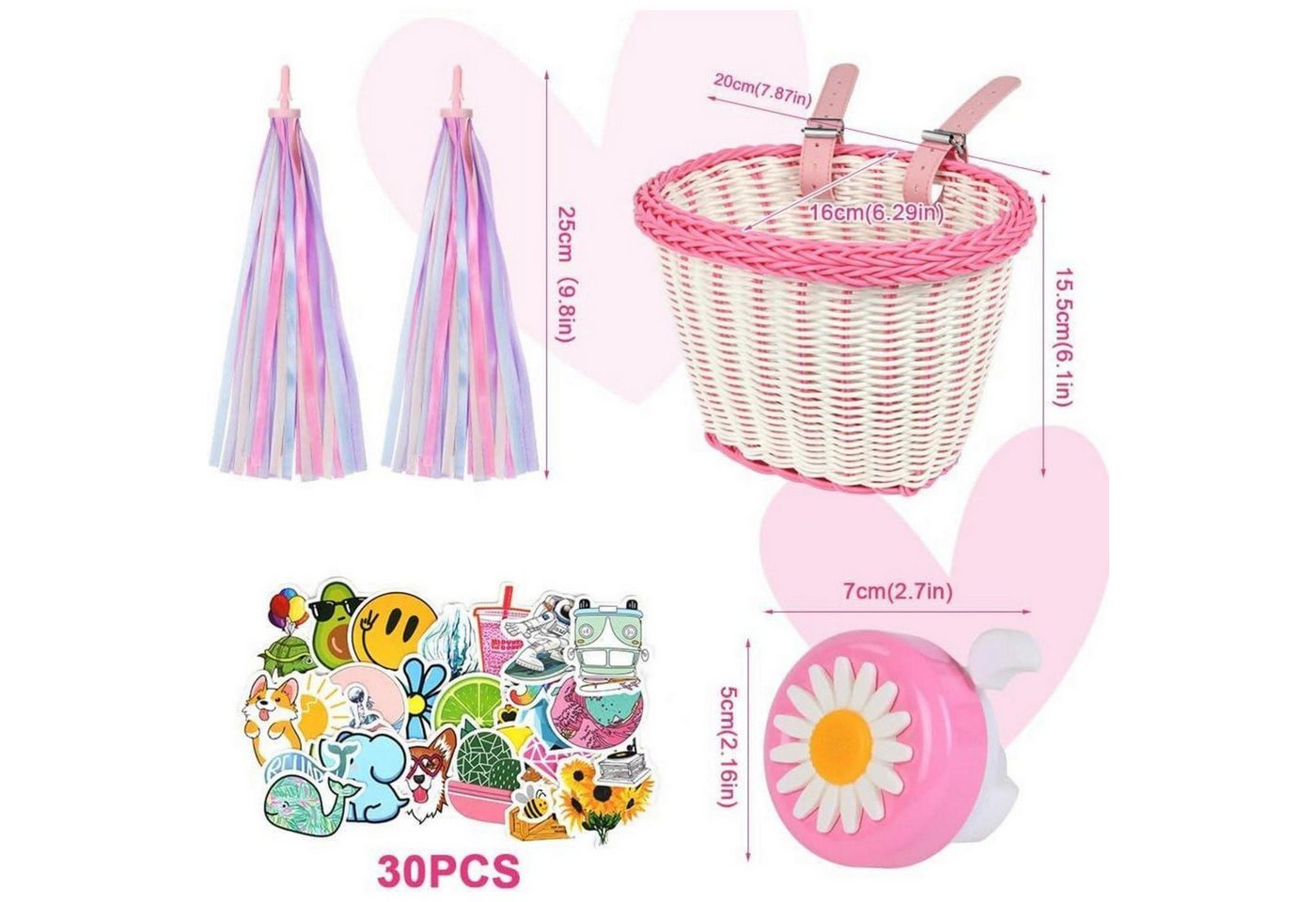 LuxusKollektion Fahrradkorb Fahrradkorb Kinder vorne abnehmbar Rattan Klingel #10 Rosa und Weiß Bild 3