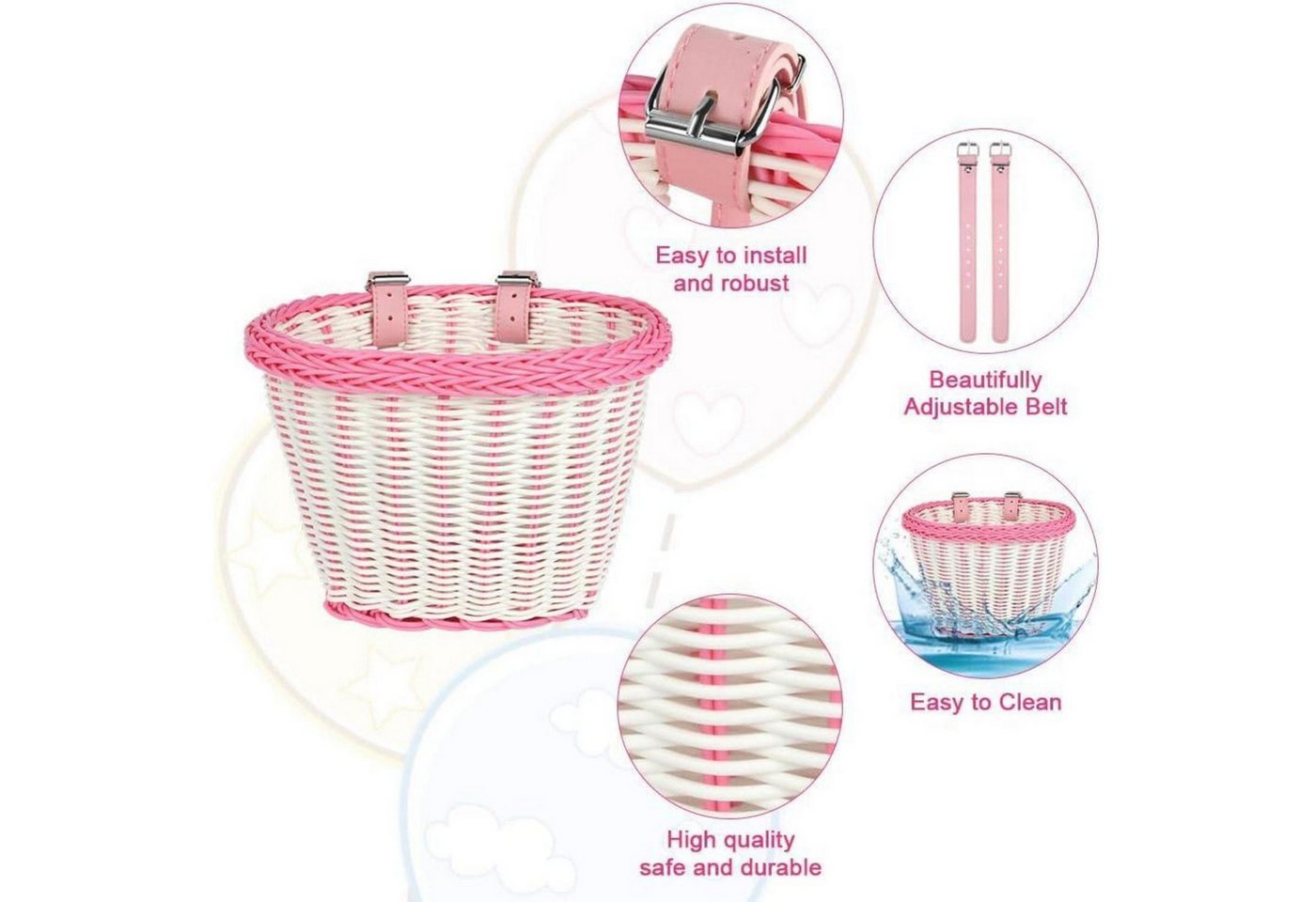 LuxusKollektion Fahrradkorb Fahrradkorb Kinder vorne abnehmbar Rattan Klingel #10 Rosa und Weiß Bild 4