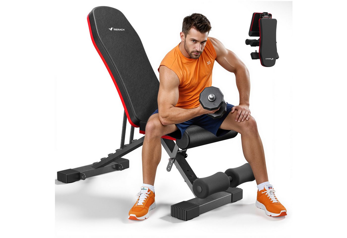 MERACH Hantelbank verstellbar mit Beinstrecker, klappbar bis 450 kg, (Hantelbank-Set mit Beinstrecker & Schrägbank-Funktion, 1x verstellbare Hantelbank, 1x Beinstrecker-Aufsatz), Bis 450 kg belastbar, mehrfach verstellbar, klappbar & platzsparend Bild 4