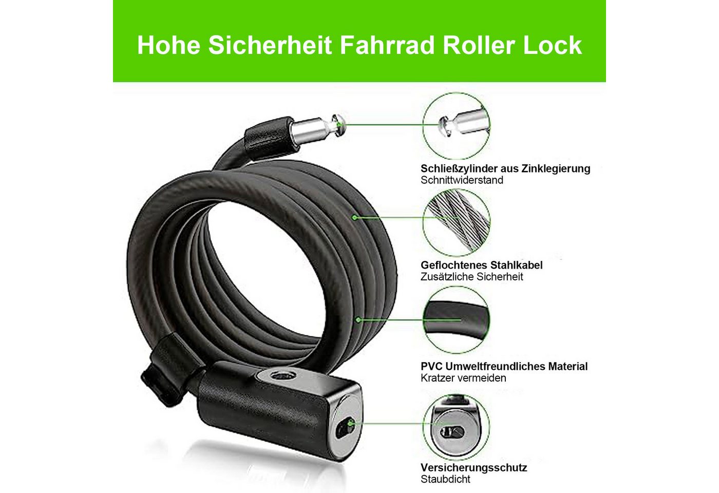 HAUSS SPOLE Faltschloss Spiralschloss Fahrradschloss Schutzschloss 1.2m 12mm (2 Schlüssel, Hochsicheres Fahrradschloss und E Scooter Schloss), für Fahrrad, E Scooter, Motorrad, Kinderfahrrad, E Bike, inkl.