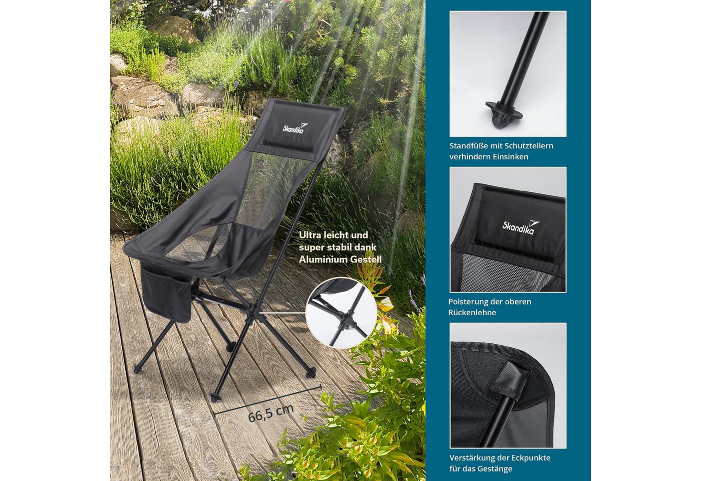 Skandika Campingstuhl 2er-Set Compact, Klappstuhl, Gartenstuhl, Faltstuhl, Outdoor, Balkon (Organizer-Tasche, Cool-Mesh-Einsätze, Kunststofffüße mit Schutztellern), bis 150 kg, klein, leicht, Anglerstuhl, stabil, gepolstert, Camping Bild 2