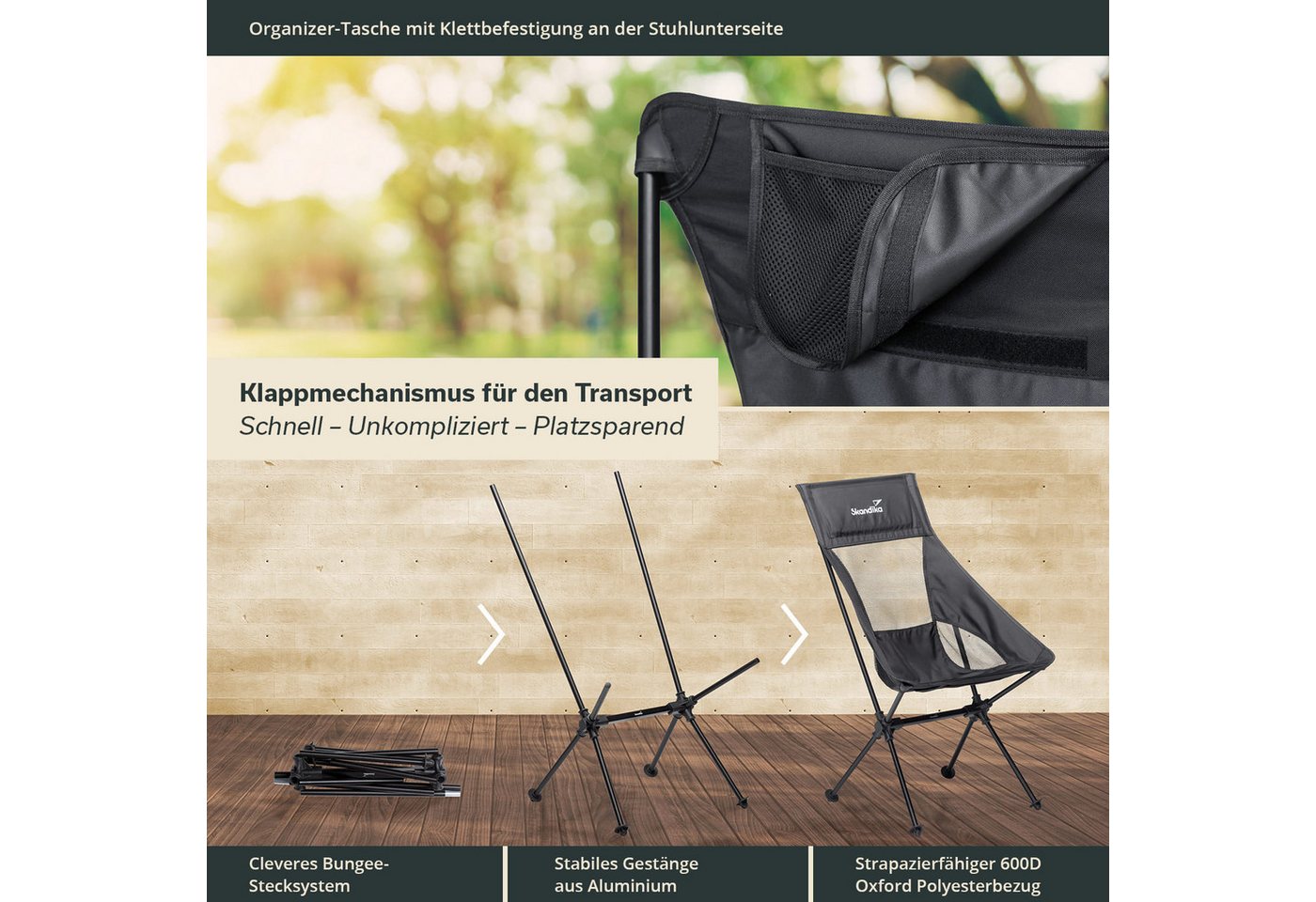 Skandika Campingstuhl 2er-Set Compact, Klappstuhl, Gartenstuhl, Faltstuhl, Outdoor, Balkon (Organizer-Tasche, Cool-Mesh-Einsätze, Kunststofffüße mit Schutztellern), bis 150 kg, klein, leicht, Anglerstuhl, stabil, gepolstert, Camping Bild 4