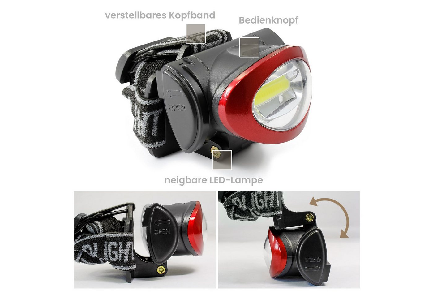EAXUS LED Stirnlampe Kopflampe Dimmbar, Neigbar und Größenverstellbar (1er/2er Set, 2-St), Kopfleuchte Spritzwassergeschützt, flexibles Kopfband Bild 2