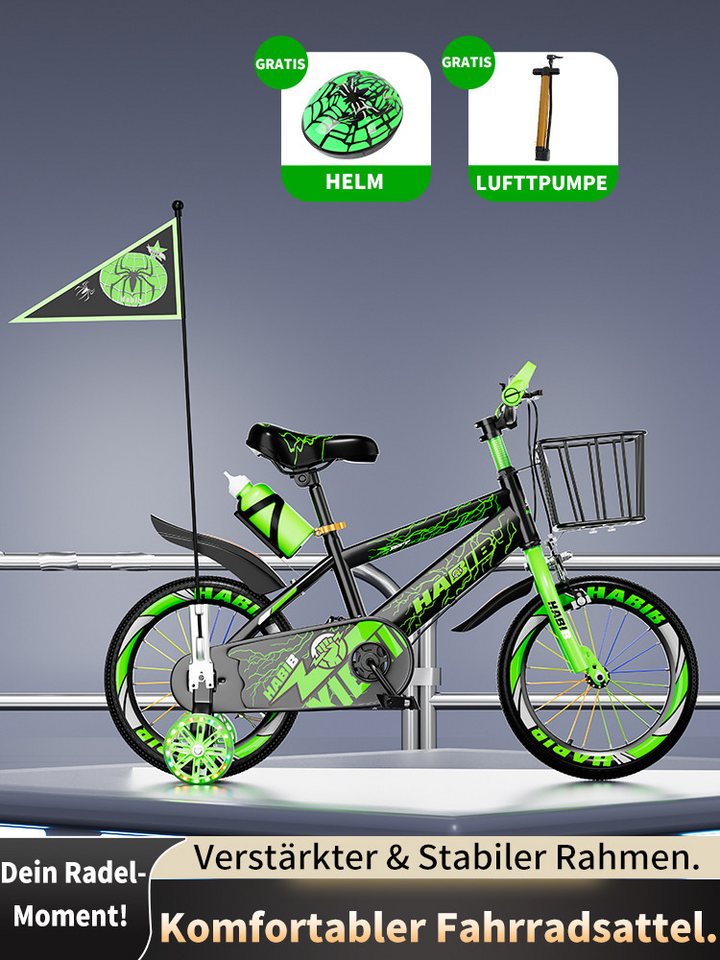 Habib Gruppe Kinderfahrrad Jungen 12 14 16 Zoll ab 3 Jahre, Stützräder, Korb & Helm Bild 5