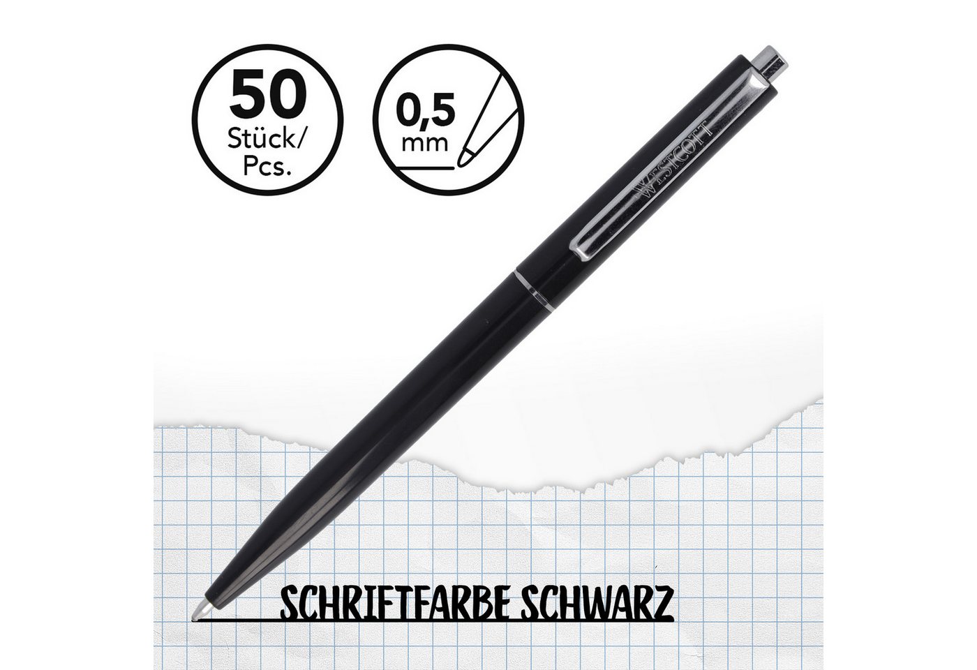 WESTCOTT Druckkugelschreiber Kugelschreiber ALLTIME Schwarz 50 Stück, Strichstärke M, X20 Mine, (Vorteilspack, 50-tlg), Dokumentenecht nach ISO 12757-2, Stabiler Metallclip Bild 5