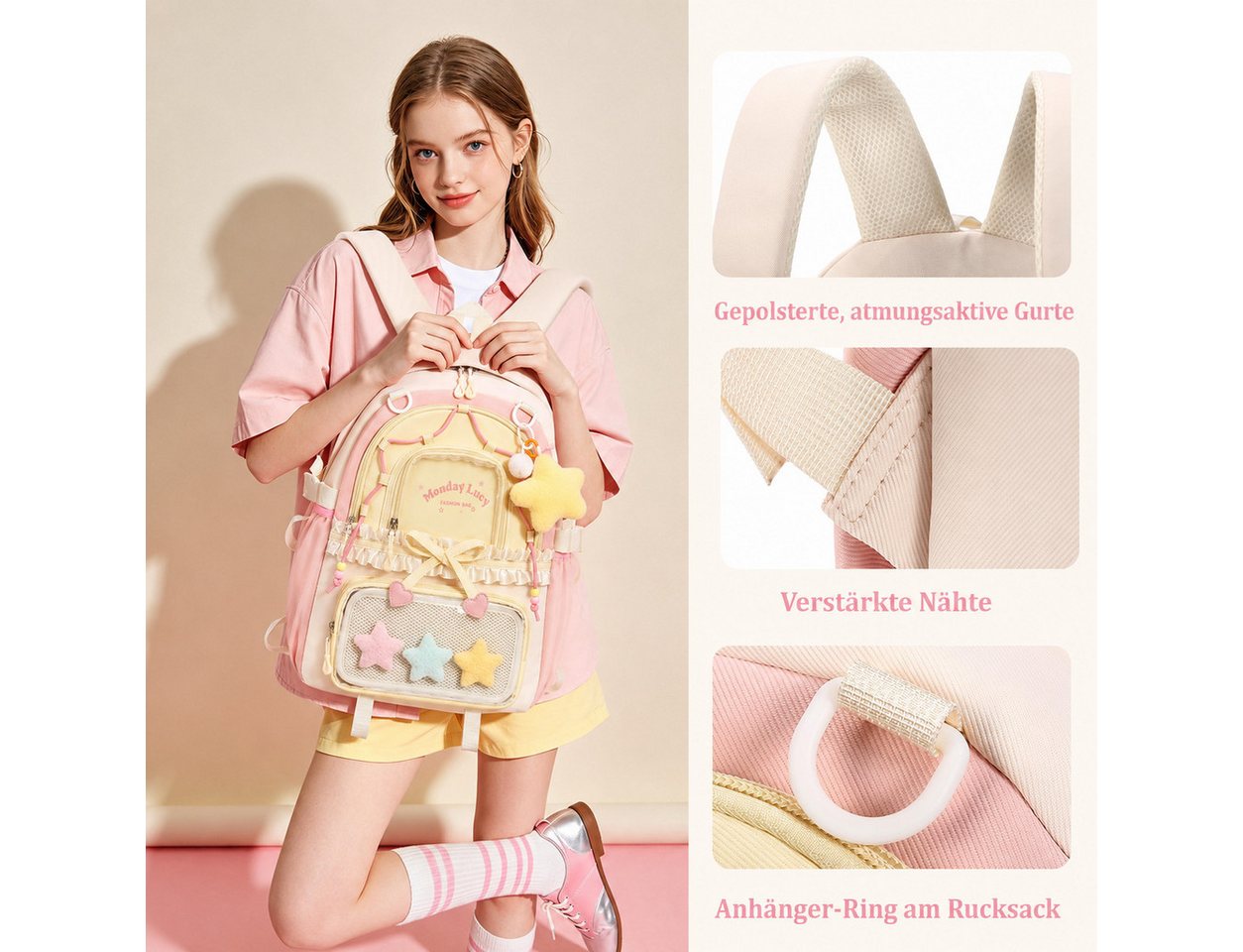 nsihing Kinderrucksack Kawaii Rucksack Mädchen mit Transparentem Fach & Stern Anhänger, Ästhetischer Rucksack für Mädchen, Schule, Alltag & Freizeit