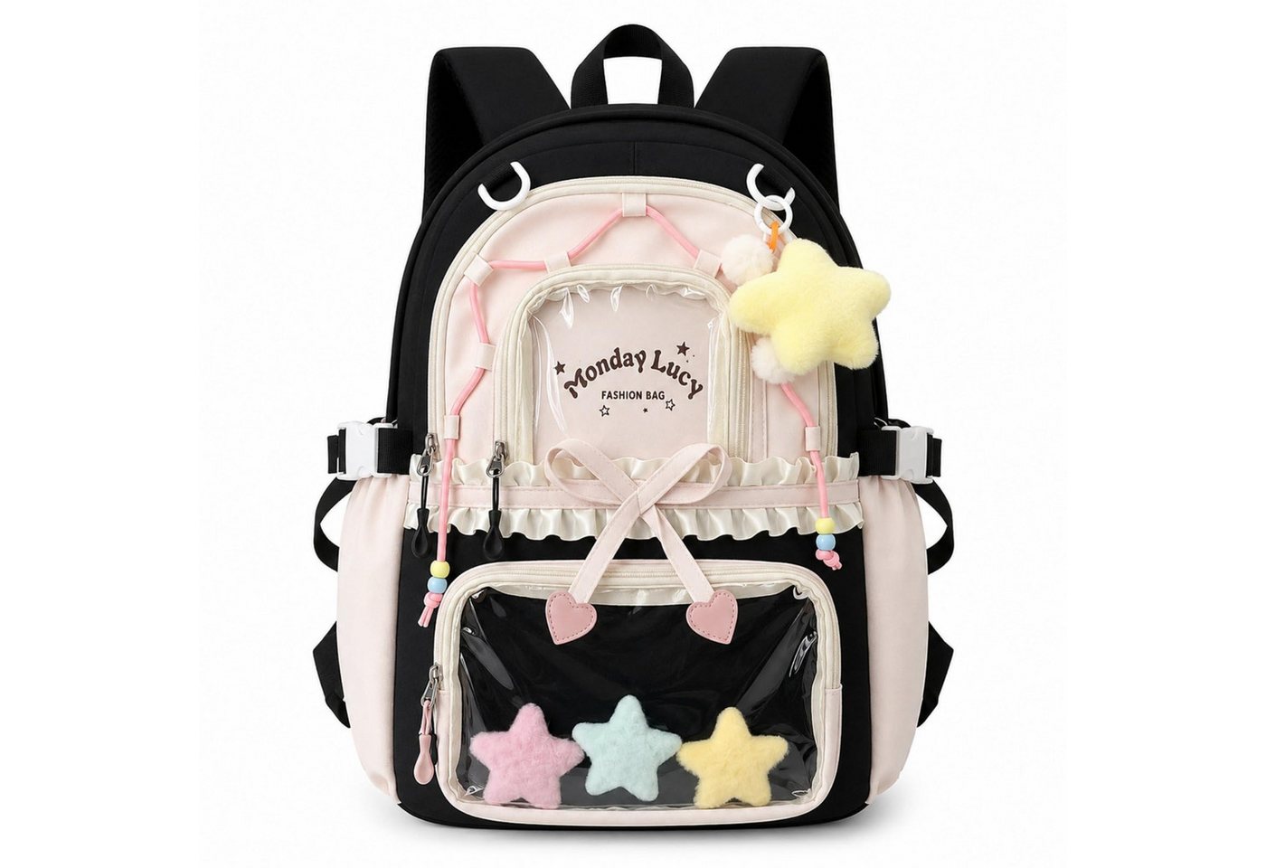 nsihing Kinderrucksack Kawaii Rucksack Mädchen mit Transparentem Fach & Stern Anhänger, Ästhetischer Rucksack für Mädchen, Schule, Alltag & Freizeit Bild 2