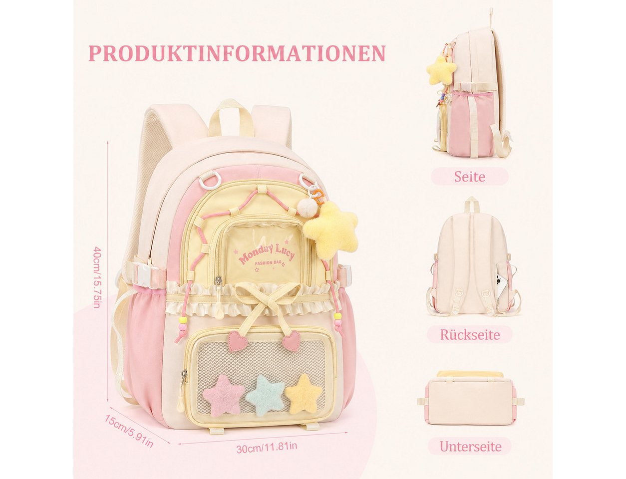 nsihing Kinderrucksack Kawaii Rucksack Mädchen mit Transparentem Fach & Stern Anhänger, Ästhetischer Rucksack für Mädchen, Schule, Alltag & Freizeit Bild 3