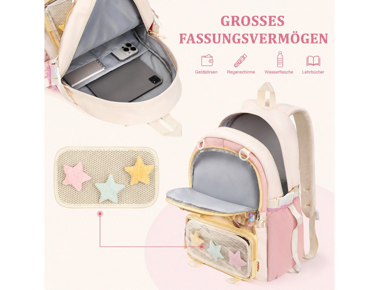 nsihing Kinderrucksack Kawaii Rucksack Mädchen mit Transparentem Fach & Stern Anhänger, Ästhetischer Rucksack für Mädchen, Schule, Alltag & Freizeit Bild 4