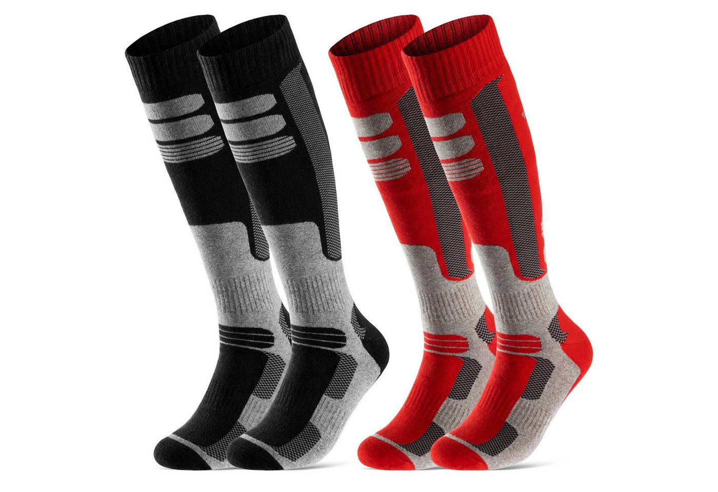 sockenkauf24 Skisocken 2 Paar Ski Strümpfe Herren & Damen Ski Socken lang (Schwarz/Rot, 35-38) Atmungsaktiv - 42816