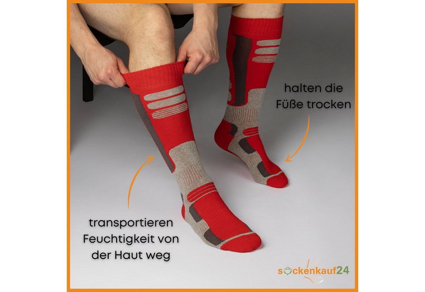 sockenkauf24 Skisocken 2 Paar Ski Strümpfe Herren & Damen Ski Socken lang (Schwarz/Rot, 35-38) Atmungsaktiv - 42816 Bild 2