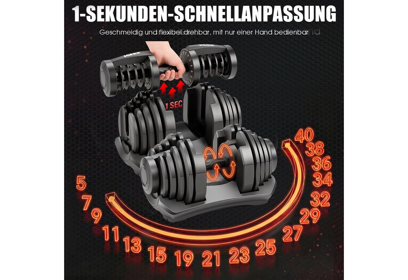 kehot Hantel-Set Verstellbare Kurzhantel 40 kg mit 17 Gewichtsstufen, (Hantel Set für Krafttraining Zuhause mit schnellem Wechsel, Kompaktes Design mit Ablage – platzsparend & effizient trainieren), Ideal für Muskelaufbau, Ganzkörpertraining & Home Gym Bild 3