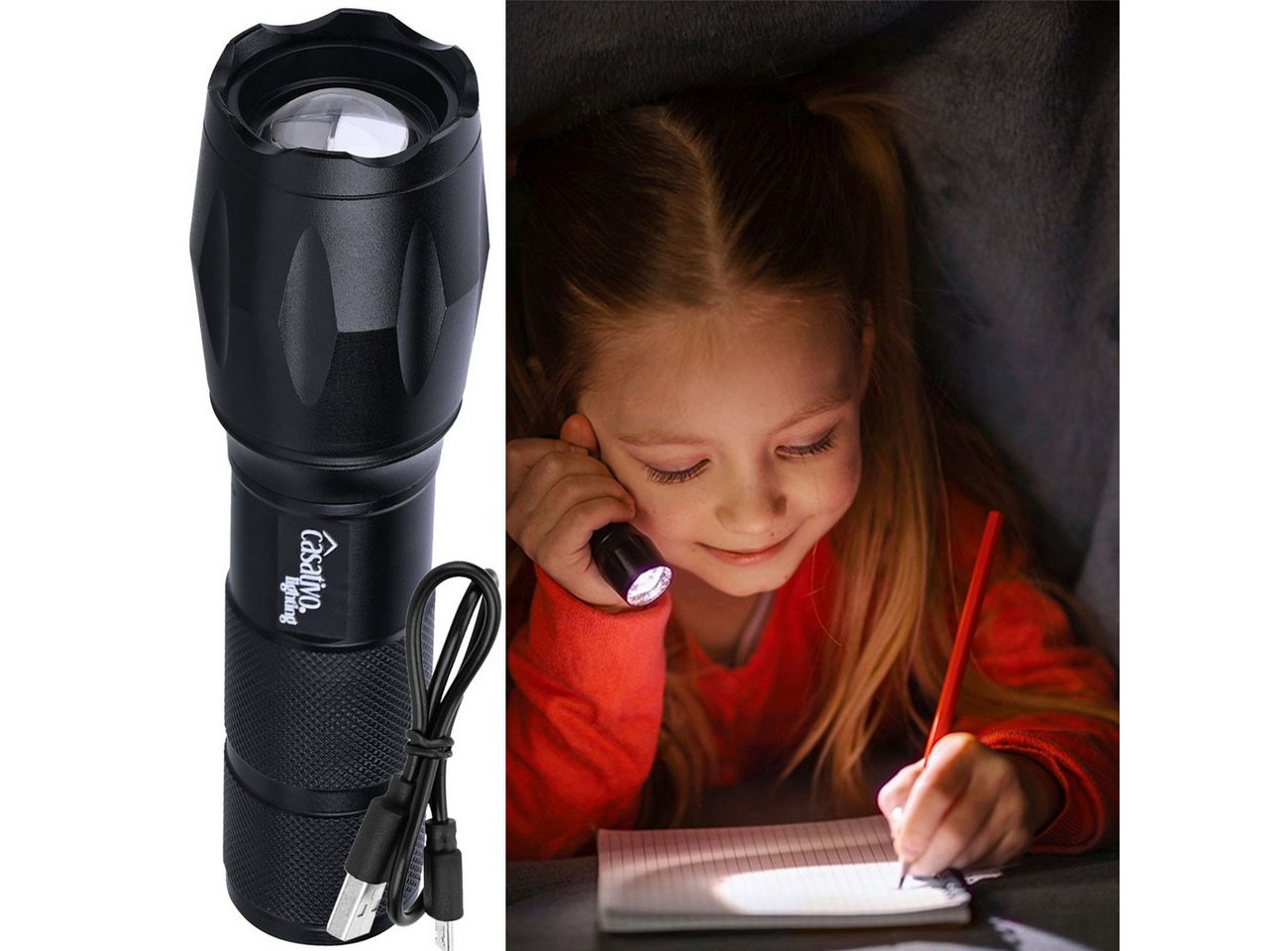 Casativo LED Taschenlampe 2in1 LED Taschenlampe 260lm 1800mAh-Akku Powerbank Funktion IP44 (1-St., 1er-Set & 2er-Set), 3 Leuchtmodi/Wiederaufladbar/Stroboskop/USB-Ladekabel Bild 4