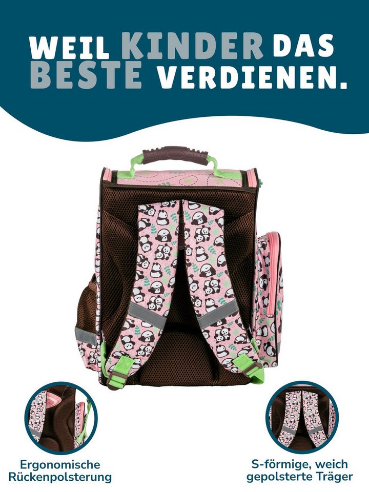 Familando Schulranzen Panda Bär Schultasche, rosa, für Mädchen 1. bis 4. Klasse (Set, 8-tlg., inkl. Federmappe, Lunch-Set und Sporttasche), ergonomisch, 1.010 Gramm leicht, 18L Volumen
