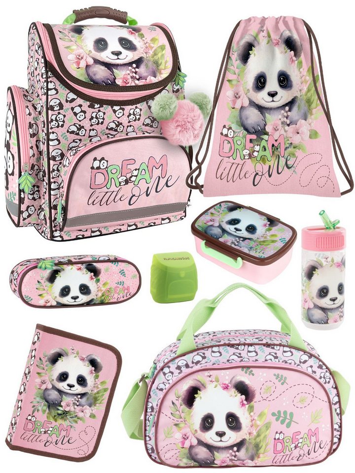 Familando Schulranzen Panda Bär Schultasche, rosa, für Mädchen 1. bis 4. Klasse (Set, 8-tlg., inkl. Federmappe, Lunch-Set und Sporttasche), ergonomisch, 1.010 Gramm leicht, 18L Volumen Bild 2