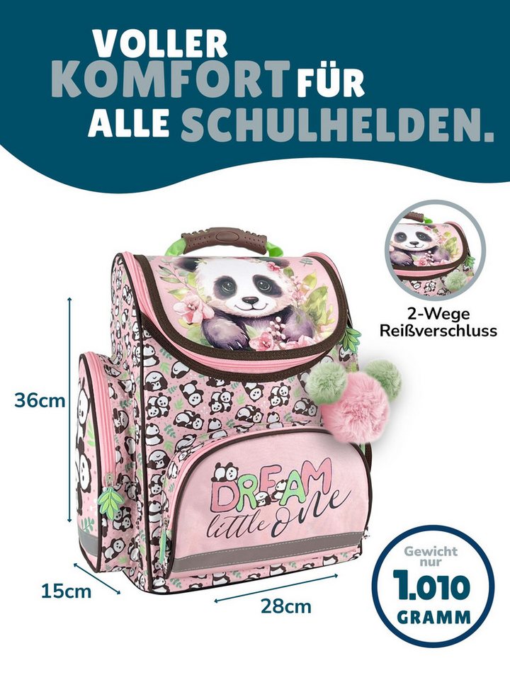 Familando Schulranzen Panda Bär Schultasche, rosa, für Mädchen 1. bis 4. Klasse (Set, 8-tlg., inkl. Federmappe, Lunch-Set und Sporttasche), ergonomisch, 1.010 Gramm leicht, 18L Volumen Bild 3