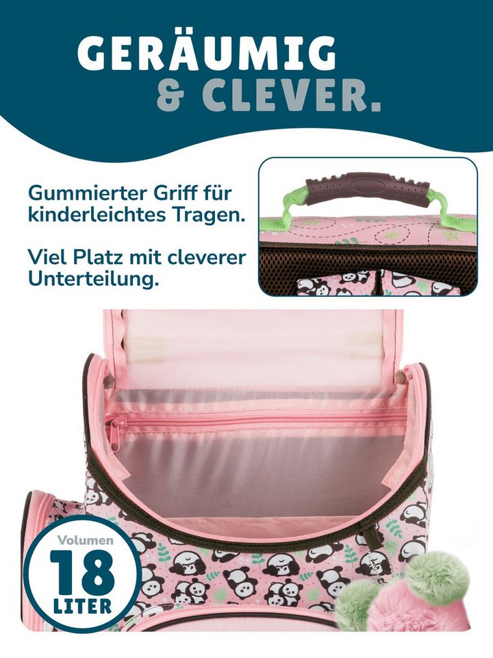Familando Schulranzen Panda Bär Schultasche, rosa, für Mädchen 1. bis 4. Klasse (Set, 8-tlg., inkl. Federmappe, Lunch-Set und Sporttasche), ergonomisch, 1.010 Gramm leicht, 18L Volumen Bild 4