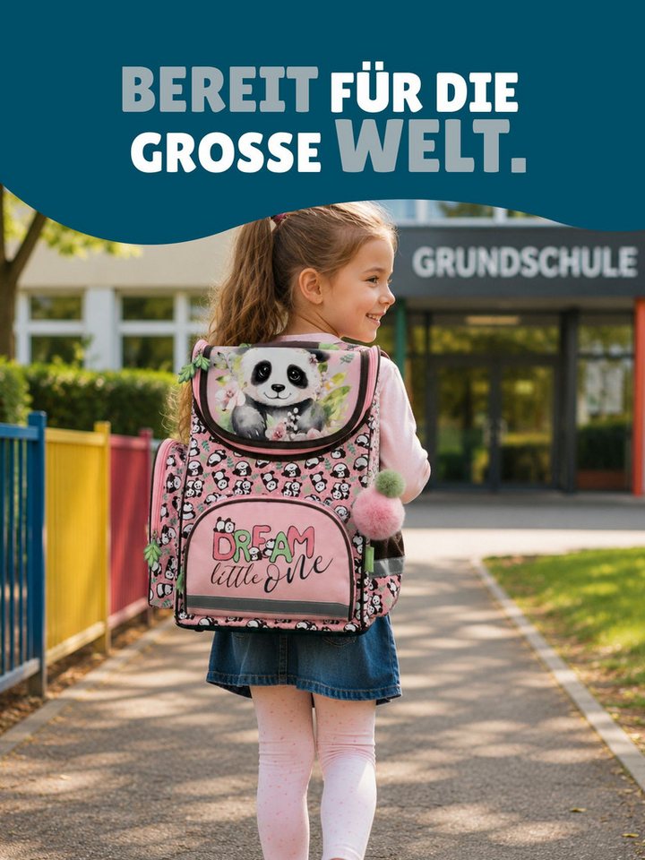 Familando Schulranzen Panda Bär Schultasche, rosa, für Mädchen 1. bis 4. Klasse (Set, 8-tlg., inkl. Federmappe, Lunch-Set und Sporttasche), ergonomisch, 1.010 Gramm leicht, 18L Volumen Bild 5
