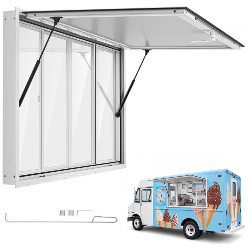 VEVOR Verkaufsfenster für Foodtrucks 1524 x 915 mm aus Aluminiumlegierung, Konzessionsfenster für Imbisswagen, bis zu 85° Aufklappbar, 4 Acryl-Schiebefenster, Verkaufsklappe, Schlepphaken, Regenschutz