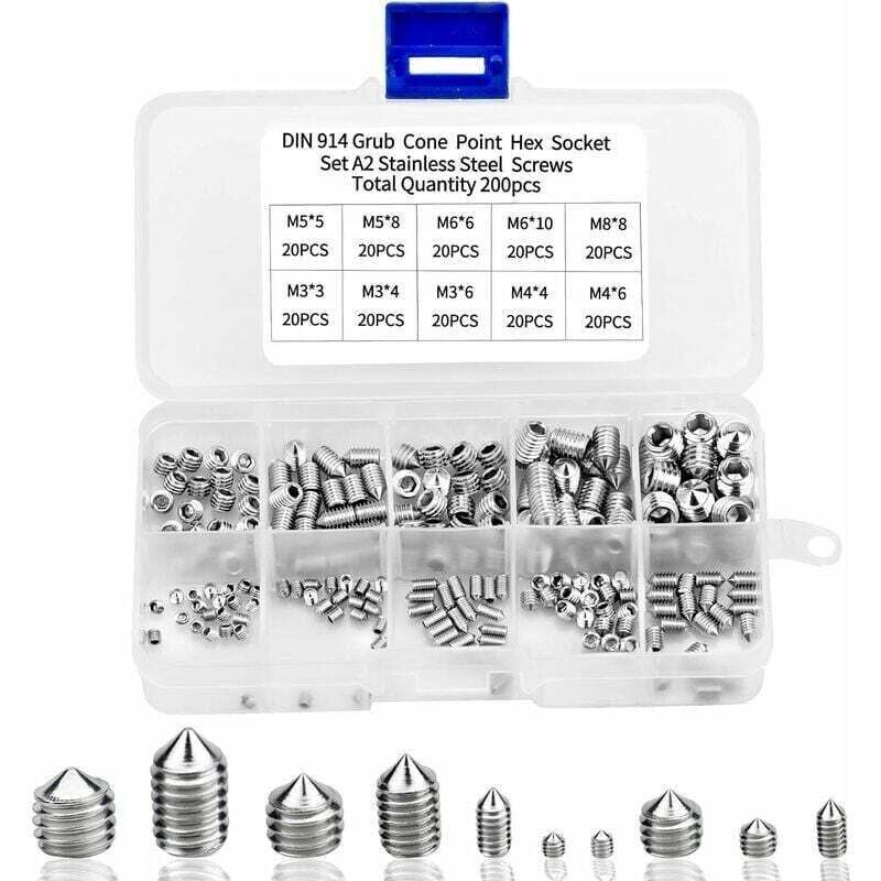 200 Stück Innensechskantschrauben, M3 M4 M5 M6 M8 Kegelkopf, Edelstahl 304, Druckschrauben, Innensechskantschrauben-sets
