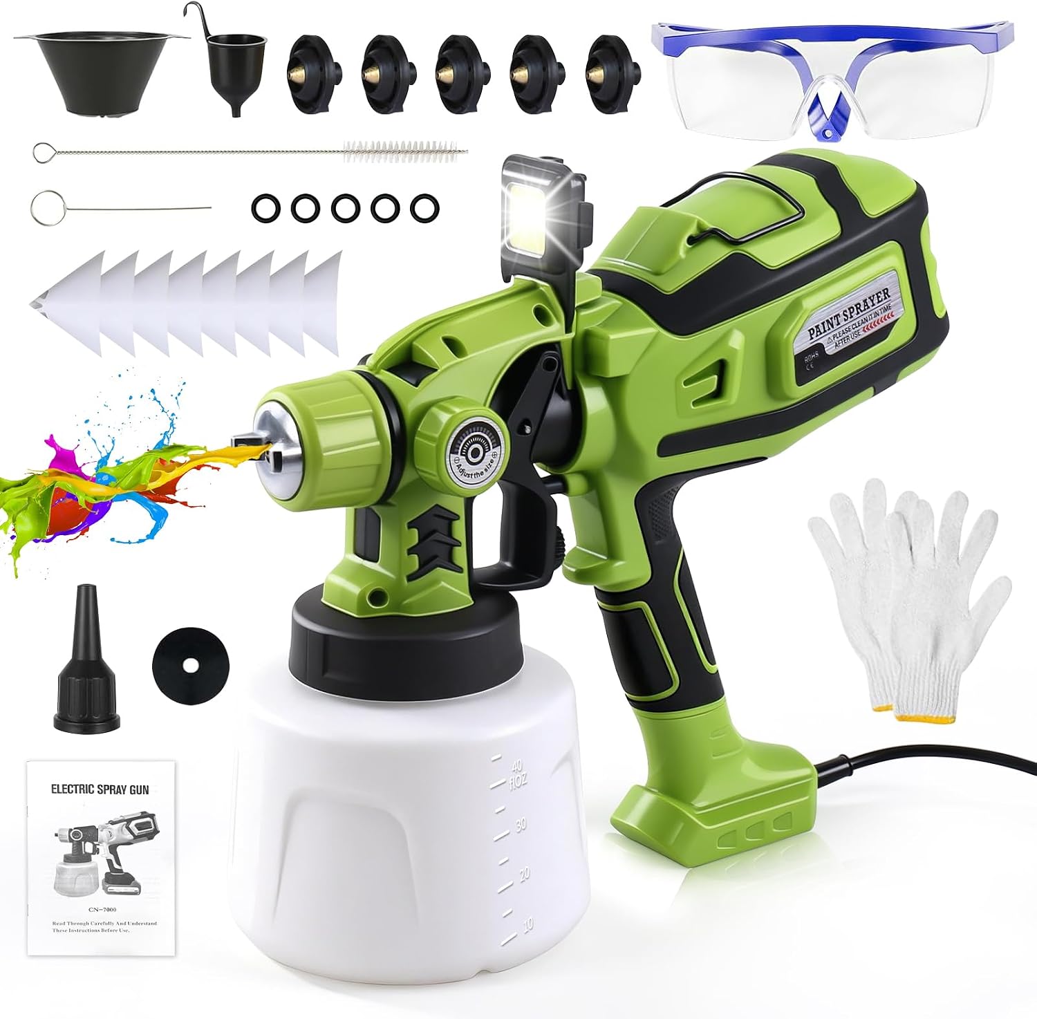 850-w-hvlp-farbspritzgerät, Ausgestattet Mit Einem 2000-mah-akku, Elektrischem Farbspritzgerät, 1400-ml-tank, 5 Düsen, 45 M² - 15 Min., Abnehmbarem Led-licht, Zum Streichen Von Decken, Wänden Und Zäun