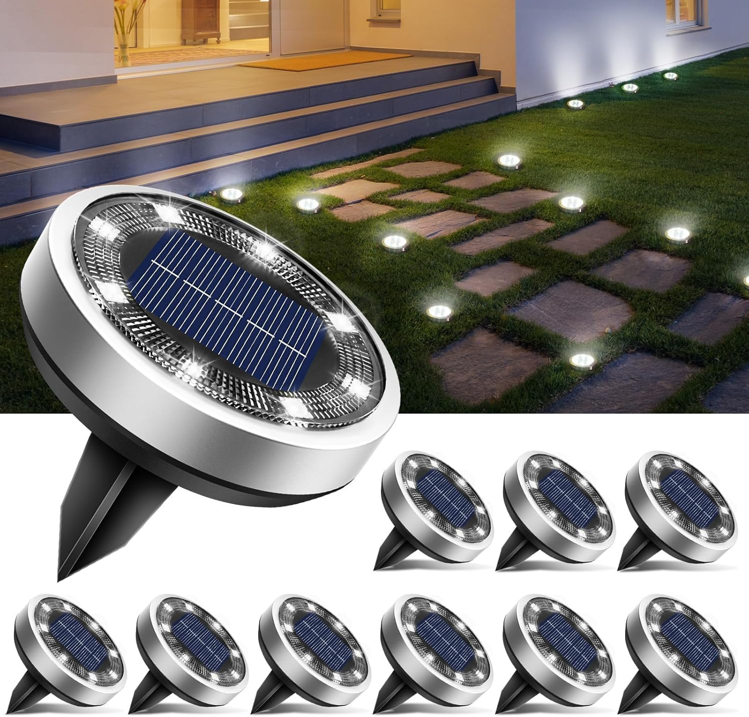 12er-pack Solar-bodenleuchten, 8 Led-solarleuchten Für Den Garten, Wasserdichtes Ip65-solarlicht, Solarstrahler Für Den Außenbereich Für Wege, Rasen, Terrasse, Einfahrt, Hof, Pool, Kaltweiß [energiekl