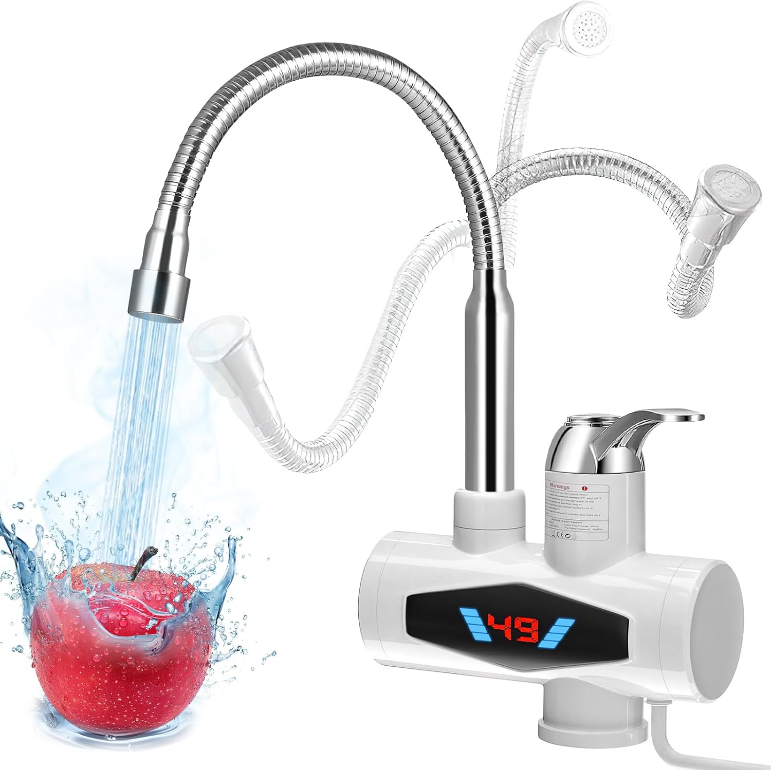 Elektrischer Wasserhahn Mit Warmwasserbereiter, 3000 W, 30–60 °c, Durchlauferhitzer Mit Led-anzeige, 360 ° Drehbar, Warm- Und Kaltwasserhahn Für Küchenspüle
