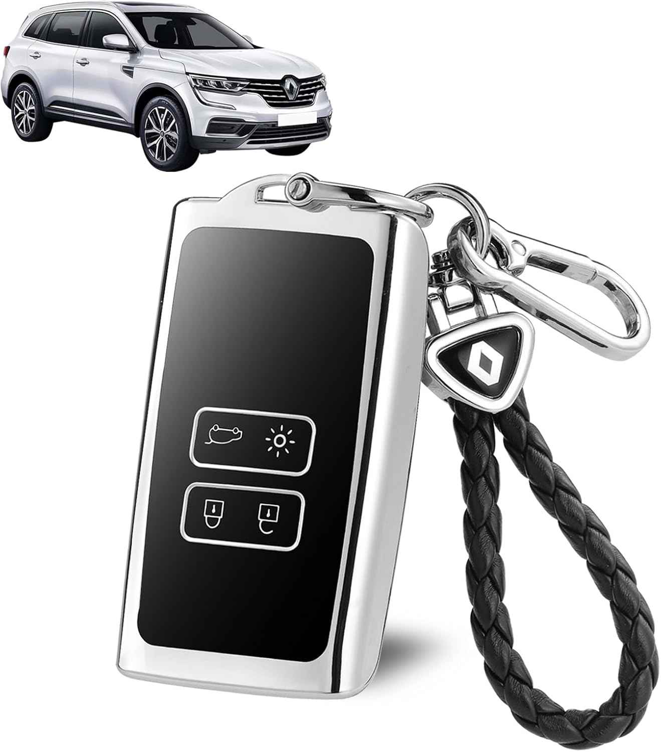 Renault Schlüsseletui-abdeckung, 4-tasten-tpu-autoschlüsseletui, Tpu-autoschlüsselhalter Mit Leder-schlüsselring, Kompatibel Mit Renault, Silber (silber)